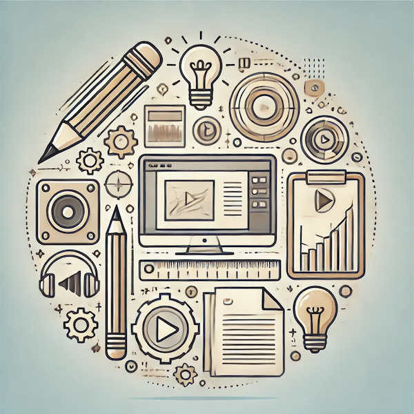 Creative Services and Content Design Creative tools including pencil, lightbulb, video player, audio, and documents arranged in a circular layout